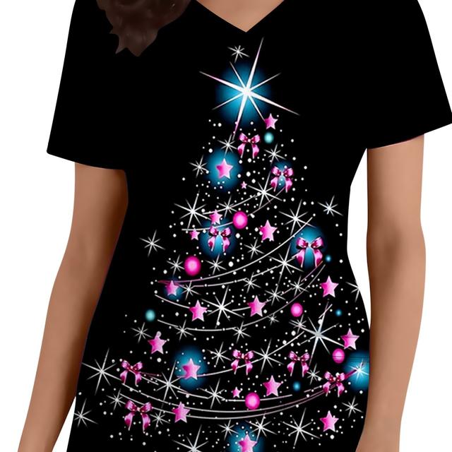 TEMU 1pc Chic Camiseta de manga corta con estampado de árbol de Navidad para mujeres con bolsillos, estilo casual transpirable de poliéster, ajuste regular para todo el año