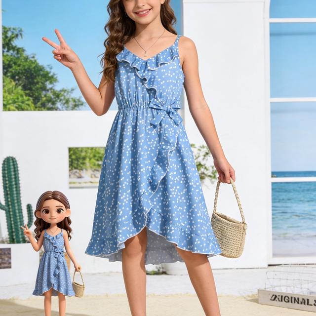 TEMU Girlie Print Spaghetti Suspender Dress With Ruffle Detailing And Fishtail Hem, Perfect For Summer Wear