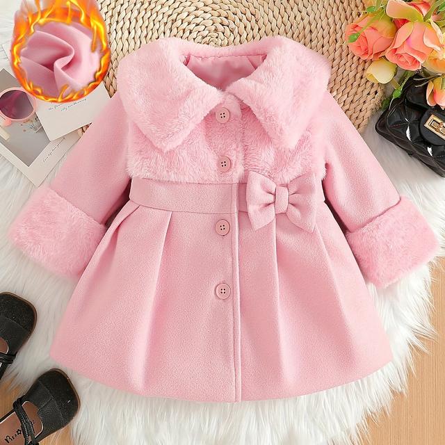 TEMU Girls' Valentine's Day Outfit, Autumn/winter Irregular Plush Collar Coat With Faux Fur , Bow Button Cardigan. Suitable For ,, Back-to-, Valentine's Day, Girls' Birthday