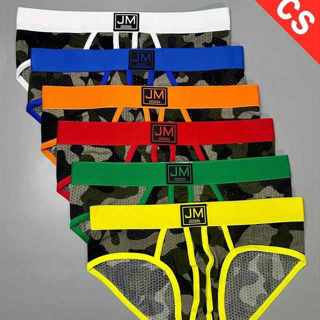 TEMU Set Of 6 Jockmail Men's Briefs Featuring Breathable Mesh Fabric, Camouflage Design, And Color Blocking, Perfect For Casual Wear And Sports