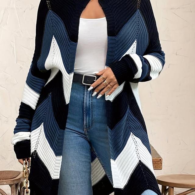TEMU Plus Size, European And Autumn Plus Size Women's Clothing, Elegant And Fashionable Color Block Striped Long Sleeve Versatile Daily Cardigan, Plus Size Buttonless Open Front Cardigan