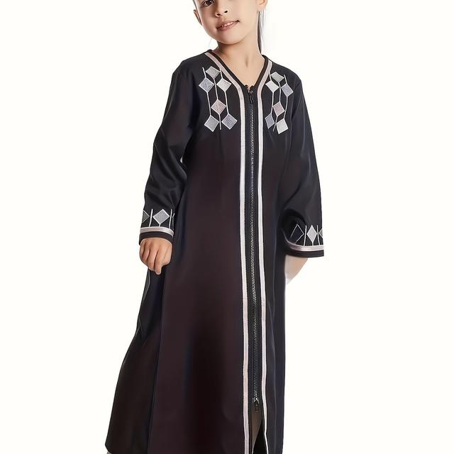 TEMU TH623 Moslimmeisjesjurk, Midden-Oosterse Arabische Lange Mouwen Rits V-Hals Enkellange Jurk, Kleding