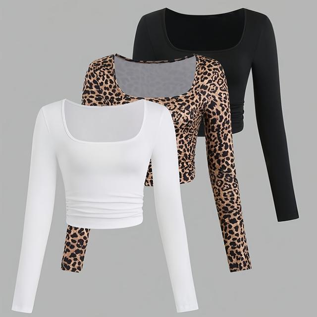 TEMU Elegant Women' Neck Long-sleeved Sexy Y2k Leopard T-shirt