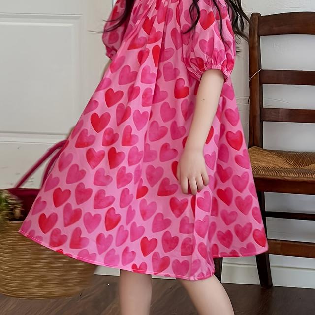 TEMU Sweet Heart Girls' Dress With Round Neck, Loose Sleeves And Knee-length Casual Summer Skirt