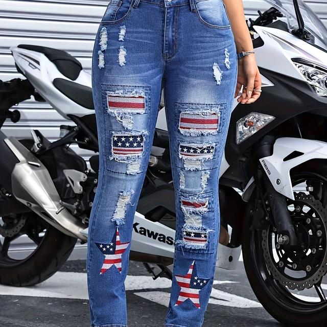 TEMU Damendirekte Jeans mit Amerikanischer Flaggen-Stickerei - Vintage Gewaschener Denim mit Ausgefranstem Saum & Schrägtaschen, Maschinenwaschbare Elegante Freizeithosen für Alle Jahreszeiten