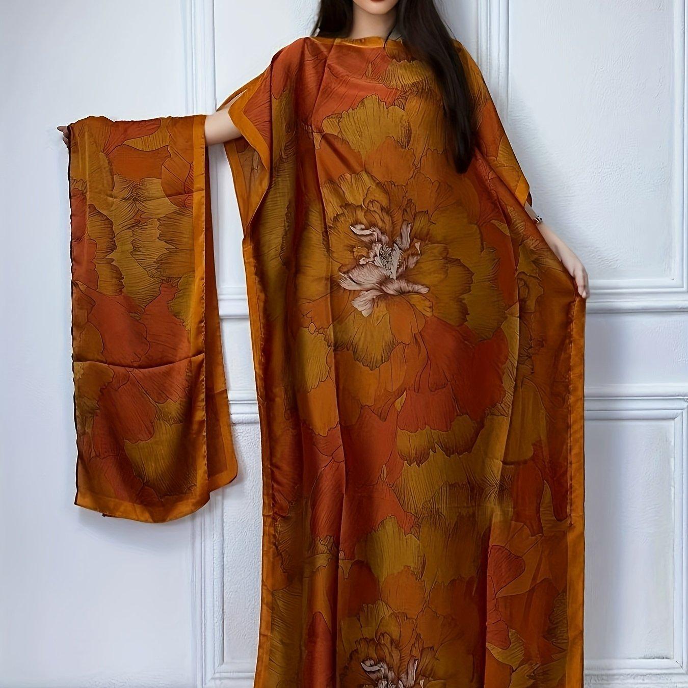 TEMU Winyi Print Boat Neck Abaya, Elegant Short Batwing Sleeve Loose Dress For Women's Clothing