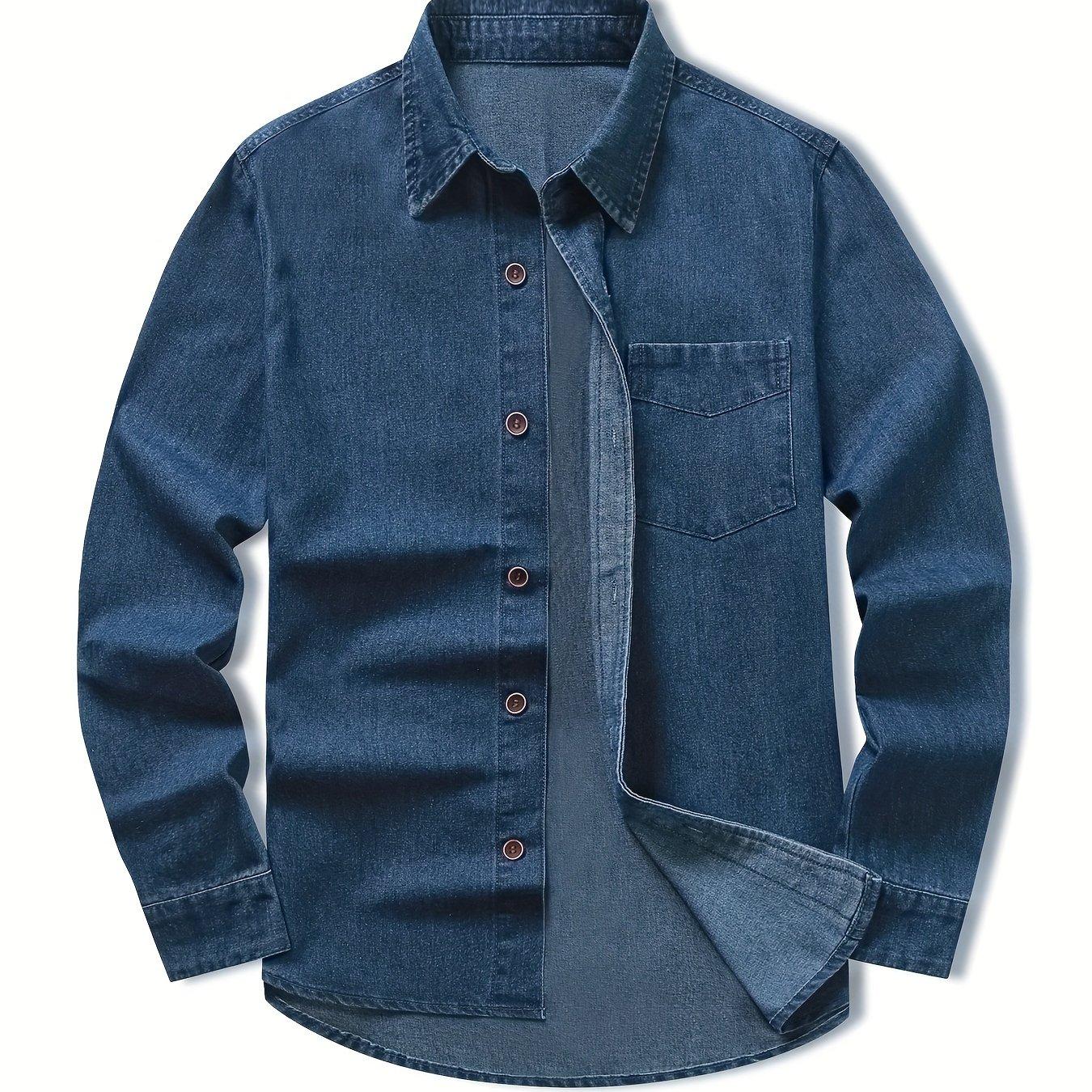 TEMU Men's Long Sleeve Denim Shirt, Casual Vintage Solid Color Button Up Lapel Chest Pocket Jeans Shirt, Essential Classic Washed Rugged Wear Work Shirt Jacket
