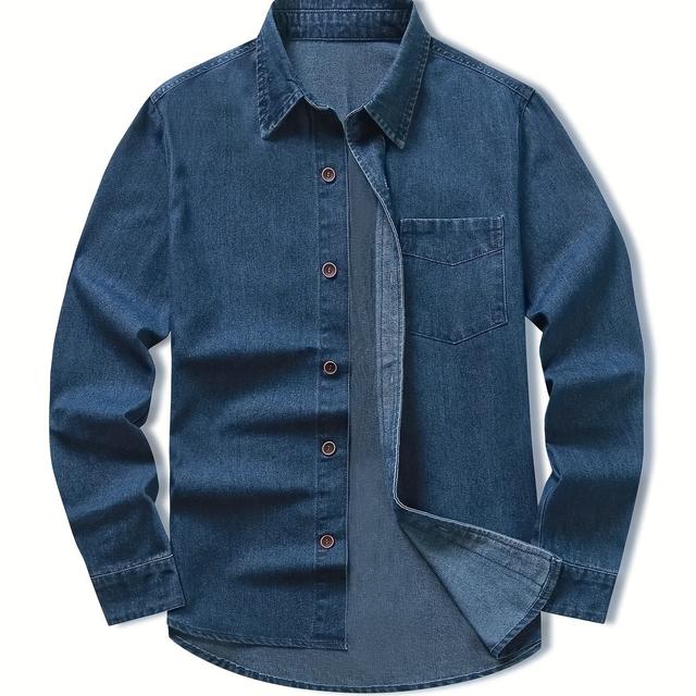 TEMU Men's Long Sleeve Denim Shirt, Casual Vintage Solid Color Button Up Lapel Chest Pocket Jeans Shirt, Essential Classic Washed Rugged Wear Work Shirt Jacket