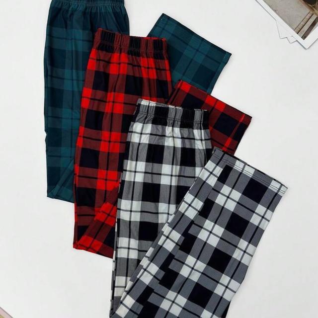 TEMU 3pcs Spring/summer Men's Plaid Straight-leg Sleep Pants, Breathable Loose-fit Sweatpants, Elastic Waistband, Comfortable Long Pants, Set