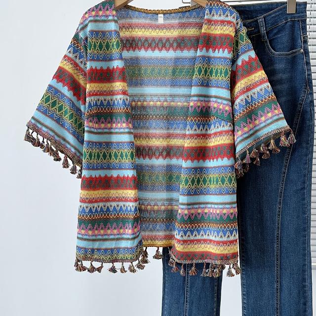 TEMU Plus Size - Plus Size - A Colorful, Fitted Short-sleeve Cardigan With Tassels, Perfect For A Beach Vacation In Plus Sizes