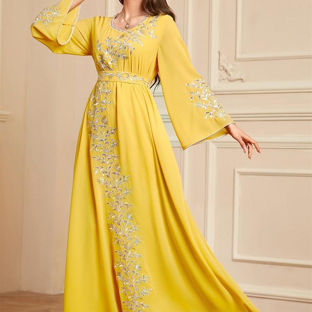 TEMU Ramadan-Muslime Abaya Kleid mit Langen Ärmeln und Gürtel – Lockerer Schnitt, Maschinenwaschbarer Polyester Modest Kebaya für Frauen