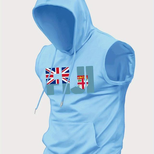 TEMU Men's Summer Casual Hooded Tank Top With & Flag Print - Knit Fabric, Drawstring Hood, Regular Fit, Outdoor Sports Vest, Outdoor Sports Vest|british |knit Construction, Tank Tops