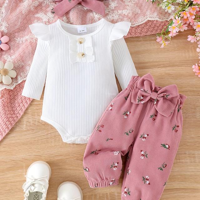 TEMU 2pcs Girls' Flutter Sleeve Long-sleeve Ribbed Top With Bow Detail And Floral Pants Set For Spring/autumn, Includes Hair Tie, Perfect For Outdoor