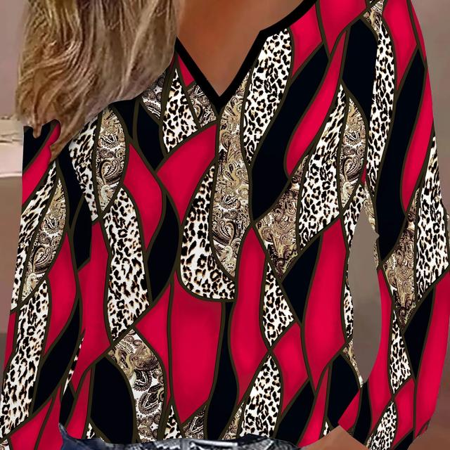 TEMU Damen Plus Size Elegante Ethno Print V-Ausschnitt Langarm T-Shirt, Gestrickter Stretch Stoff, Polyester, All Fashion Top