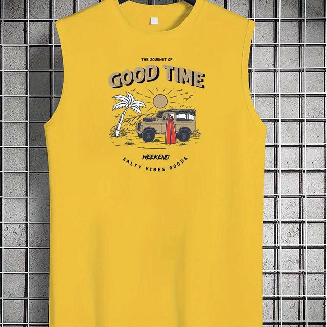 TEMU Spring/summer Vest, Trendy Printed Men's Youth Round Neck Casual Versatile Top