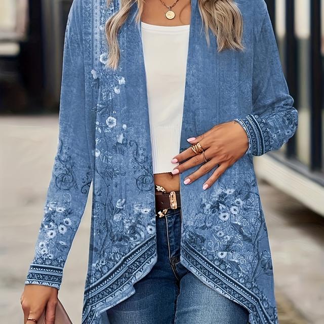 TEMU Blumenmuster Offene Front Cover Up, Lässige Langarm Dünne Jacke für Frühling & Herbst, Damenbekleidung