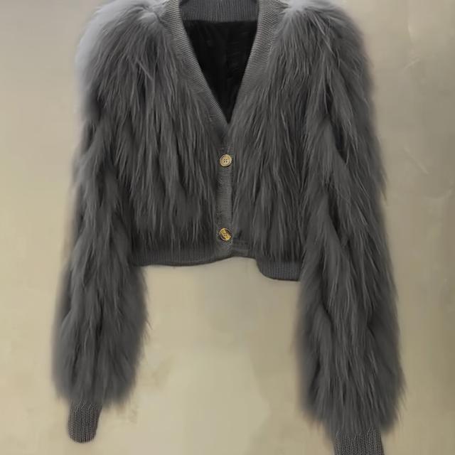 TEMU Melard Korean- Spliced V-neck Coat For Women, Fashionable Commuter Autumn/winter New Fuzzy Coat