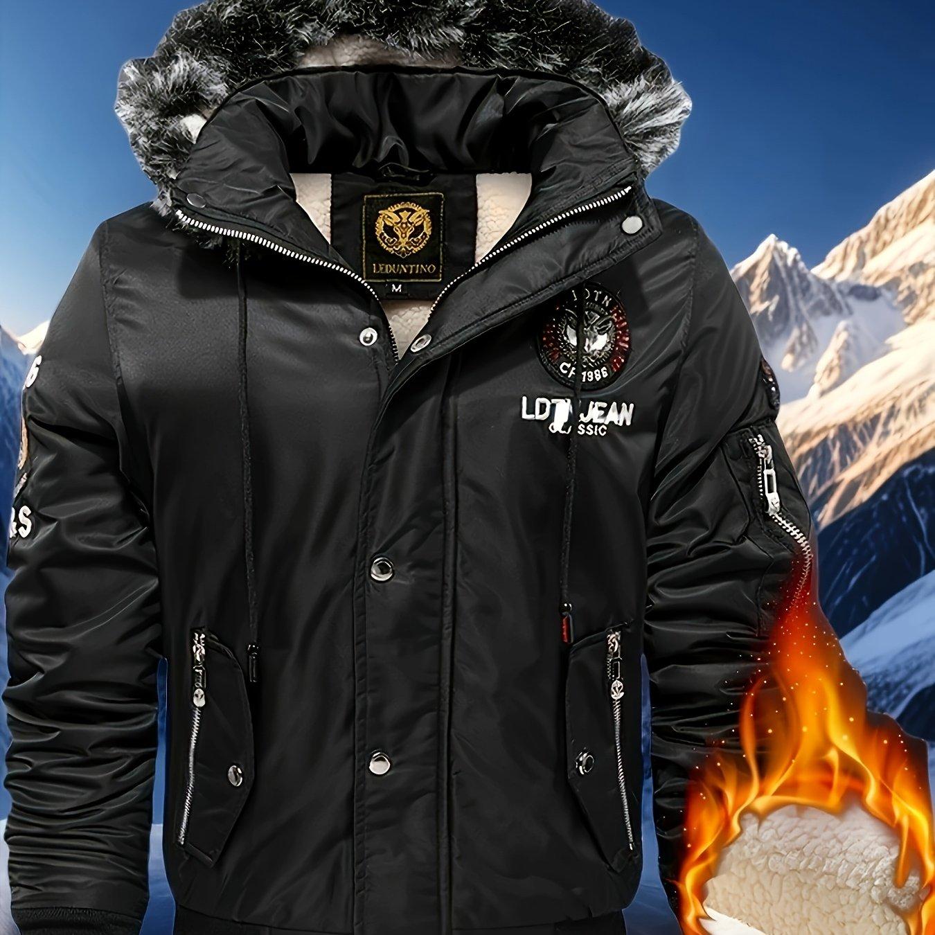 TEMU Chaqueta de invierno para hombre con capucha, forrada, de estilo casual con bolsillos de cremallera, ropa de cómoda de marca de moda