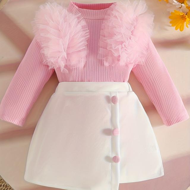 TEMU Domácí Dámský Set s Líniovým Casual z Mesh Krajky a Dekorativními Knoflíčky, Dlouhý Rukáv + Polosukně – Ideální na Podzim/Zimu, Venkovní Aktivity i Denní Nošení