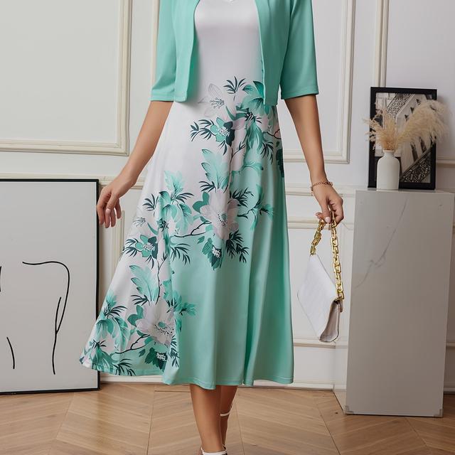 TEMU 2-teiliges elegantes Set, kurzes Top mit halblangen Ärmeln & Trägerkleid mit Blumenmuster, Damenbekleidung