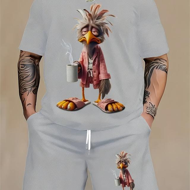 TEMU Men's Plus Size, 3d Print, Lazy Chick, Hot Coffee Color, Style, Including Short Sleeved Round Neck T-shirt And Pocket Drawstring Shorts, Plus Size