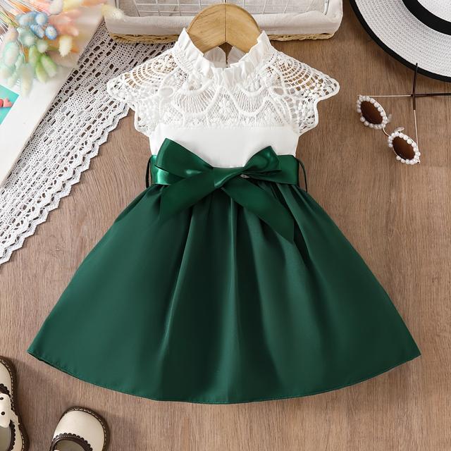 TEMU Summer Two-piece Set For Girls Aged 2 Years, Featuring A Solid Color Woven Casual Dress With Lace Trim And A Matching Belt.