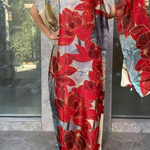 TEMU Plus Size Floral Pattern Longline Dress, Elegant Short Sleeve Crew Neck Dress With Scarf For , Women's Plus Size Clothing