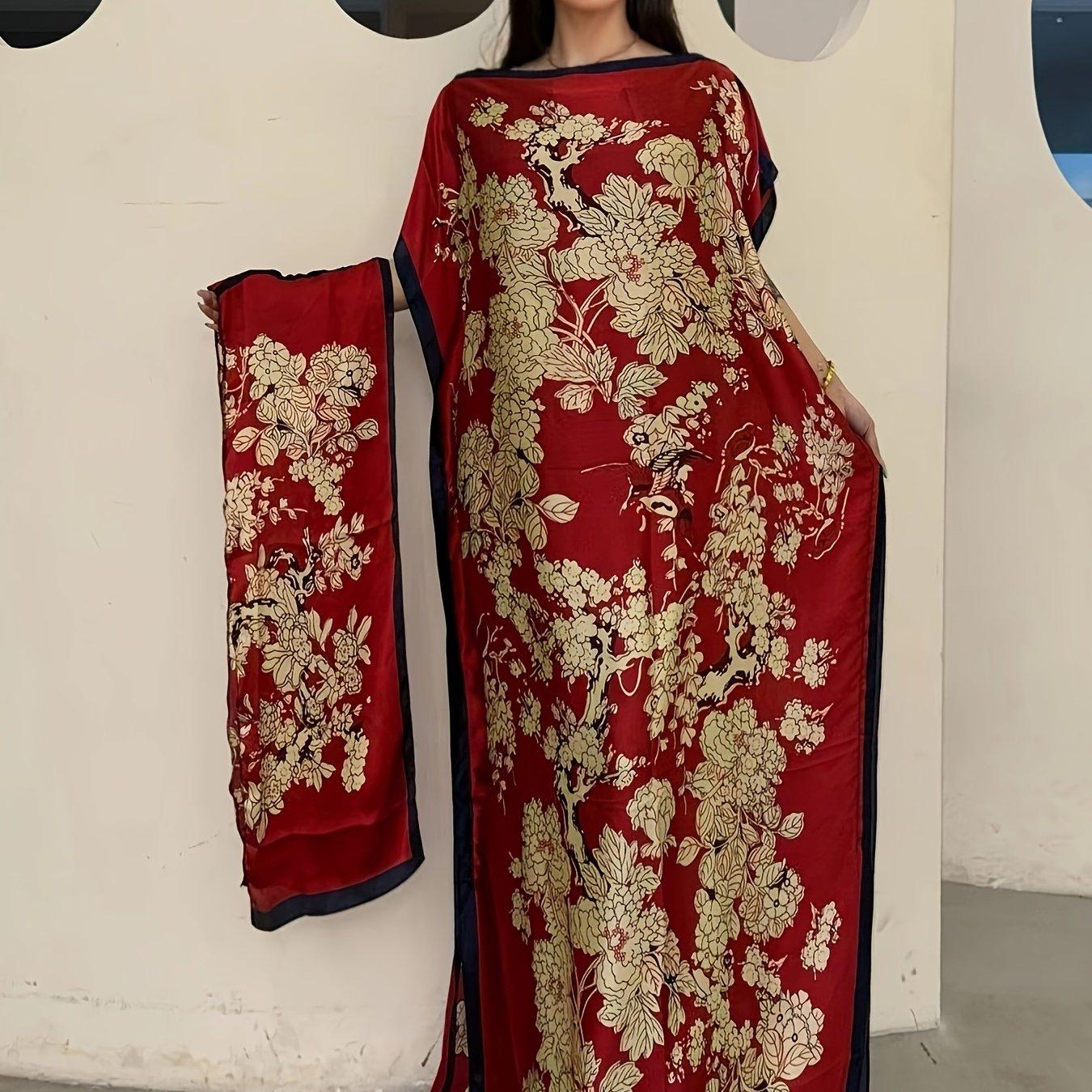 TEMU Grande Taille - Grande Taille - WINYI Abaya à col bateau avec motif floral et manches chauve-souris - Robe maxi coupe décontractée pour femmes