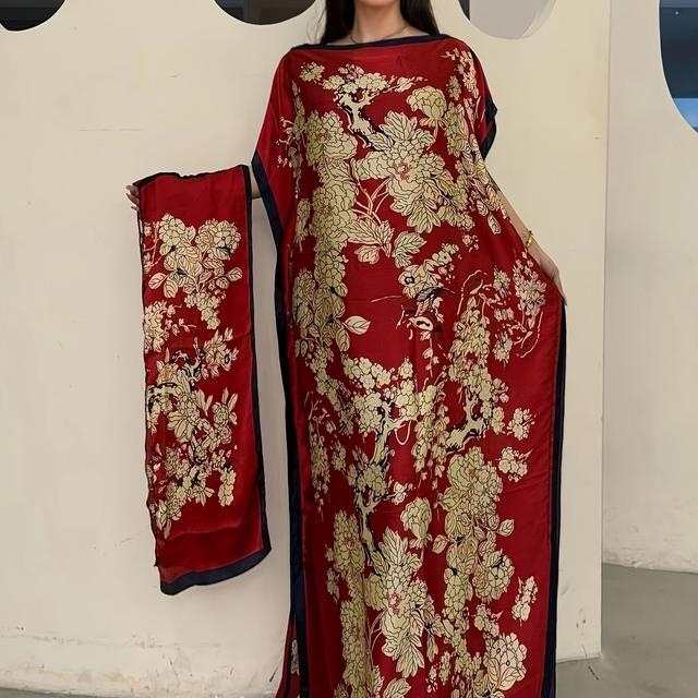 TEMU Plus Size - Plus Size - WINYI Stilvolles Abaya-Kleid mit Blumenmuster, Bootsausschnitt und Fledermausärmeln - Maxikleid mit entspannter Passform für Damen