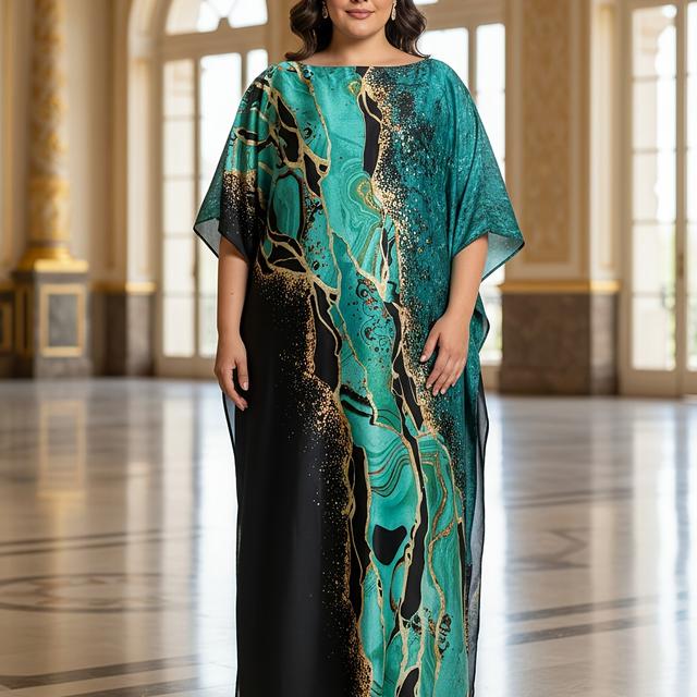 TEMU Plus Size, Women's Plus-size Long Dress With A Matching Scarf, Green And Robe-style Dress Featuring Batwing Sleeves, Loose Fit For Beach Vacations And Tropical Getaways