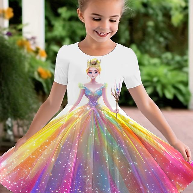 TEMU Colorful 3d Print Princess Dress - Sparkling Rainbow Sequin Design, Short Sleeve Casual Summer Dress With Crown & Scepter - Or Party Gift
