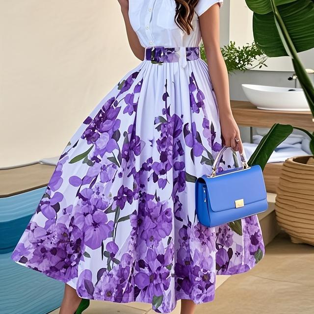 TEMU Neues Damen-Maxikleid mit Blumenmuster, Umlegekragen Gürtel – Elegantes Modell