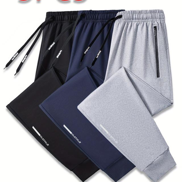 TEMU 3-pack Men' & Casual Sweatpants, With Elastic Drawstring, Zippered Pockets, Reflective Stripes, Polyester 95% Elastane 5%, Regular Fabric, 300gsm, For Fitness & Leisure