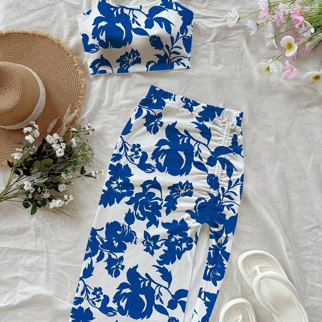 TEMU Damens Casual 2er-Set - Elegantes Schulterfreies Oberteil mit Blumenmuster, Langer Rock, Kordelzug-Detail, für Frühling/Sommerurlaub, Lässige Kleidung|Blumenmuster-Oberteil|Kordelzug-Detail