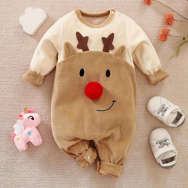 TEMU Thick Baby Onesie For Christmas Featuring A Red- Reindeer, Perfect For The Autumn And Winter Seasons, For Outdoor