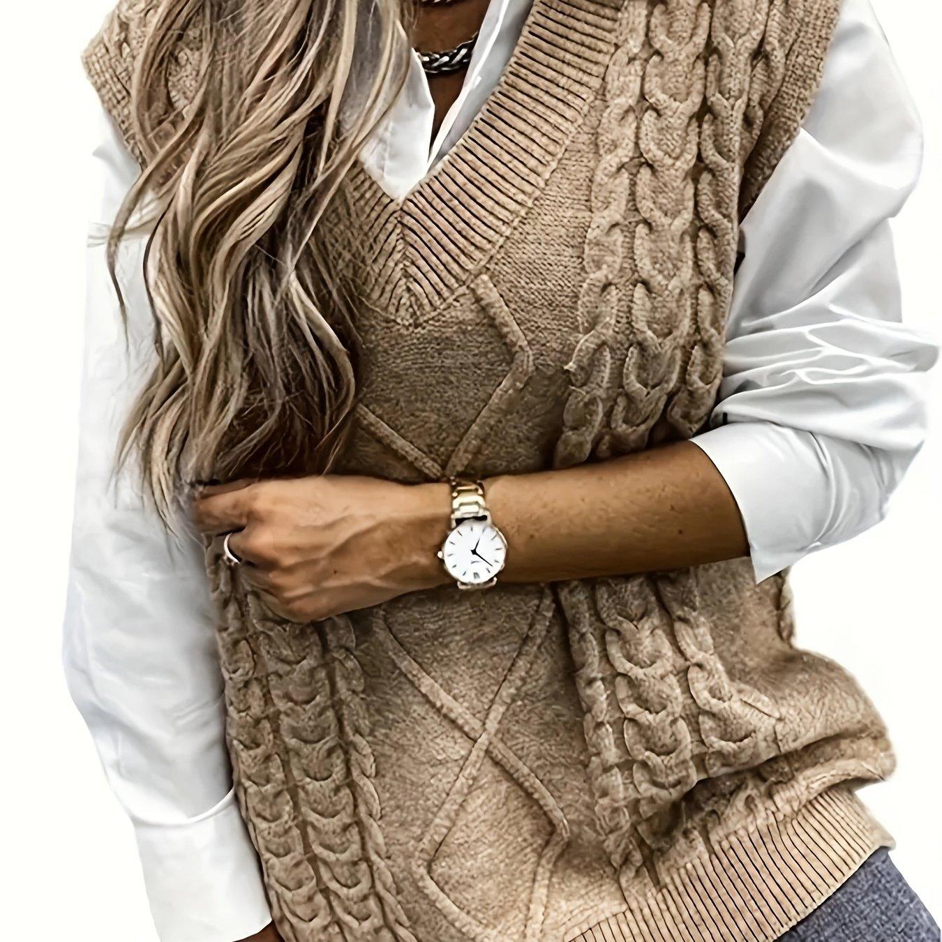 TEMU Plus Size - Plus Size - Directional Western Plus Size Women's High-end Elegant Round Neck Cable V-neck Vest Sweater Top Women's