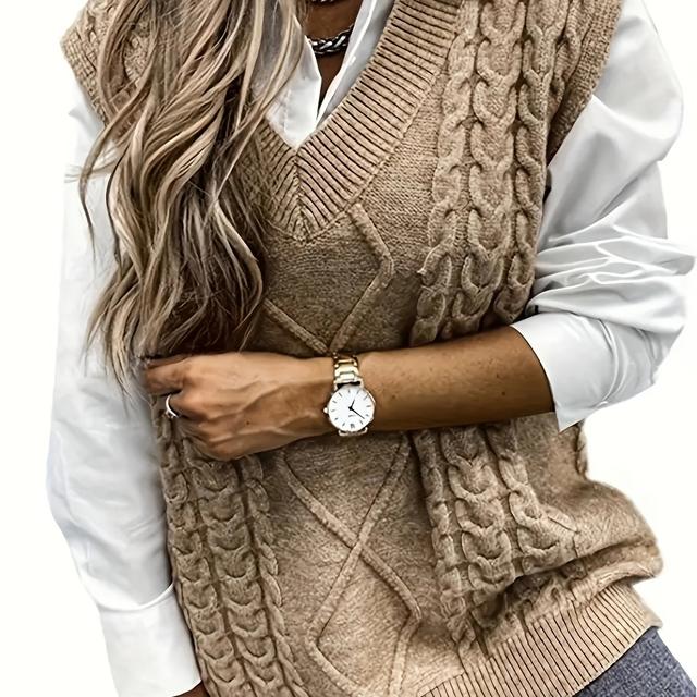 TEMU Plus Size - Plus Size - Directional Western Plus Size Women's High-end Elegant Round Neck Cable V-neck Vest Sweater Top Women's
