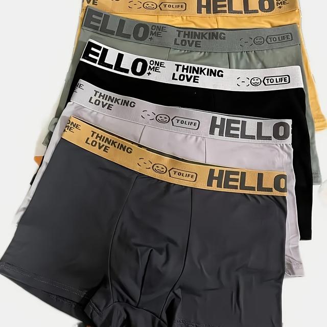 TEMU 5-pack Men's Boxer Briefs, Breathable Polyester Knit Underwear, Casual Solid Color With Embroidery Detail, Mid-rise Fit, 140gsm Lightweight Fabric