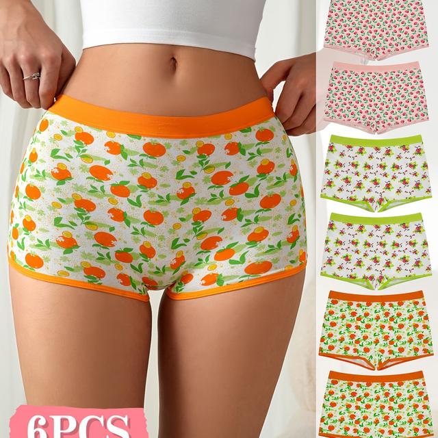 TEMU 6pcs Women's Mid-rise Boxer Briefs - Cute Fruit & Floral Print, Non-see-through Underwear With Elastic Waistband, Soft Breathable Fabric For Casual Attire, Cute Underwear, Design,