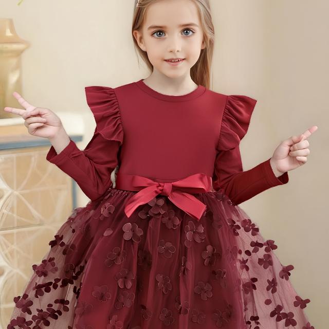 TEMU A Comfortable Long-sleeve Dress With A Waist Belt For Girls Aged 3, Featuring Shoulders, Solid Color Tulle, And Three-dimensional Floral Designs, Perfect For Casual