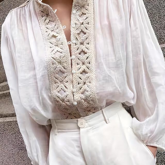 TEMU Spring And Autumn Fashionable Elegant Hollow-out Lace Pleated Loose-'s Long-sleeve Shirt