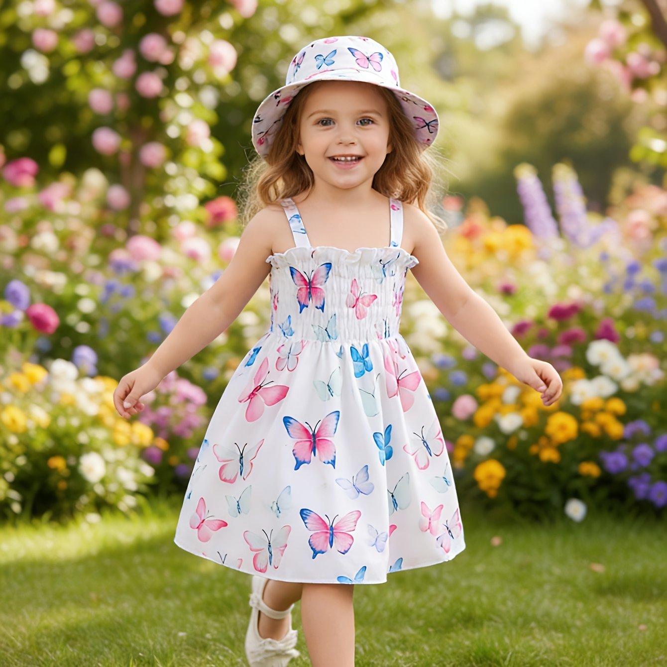TEMU Summer Print Sleeveless Dress For Baby Girls Aged 0-3 Years, Outfit With A Hat, Perfect For Vacations
