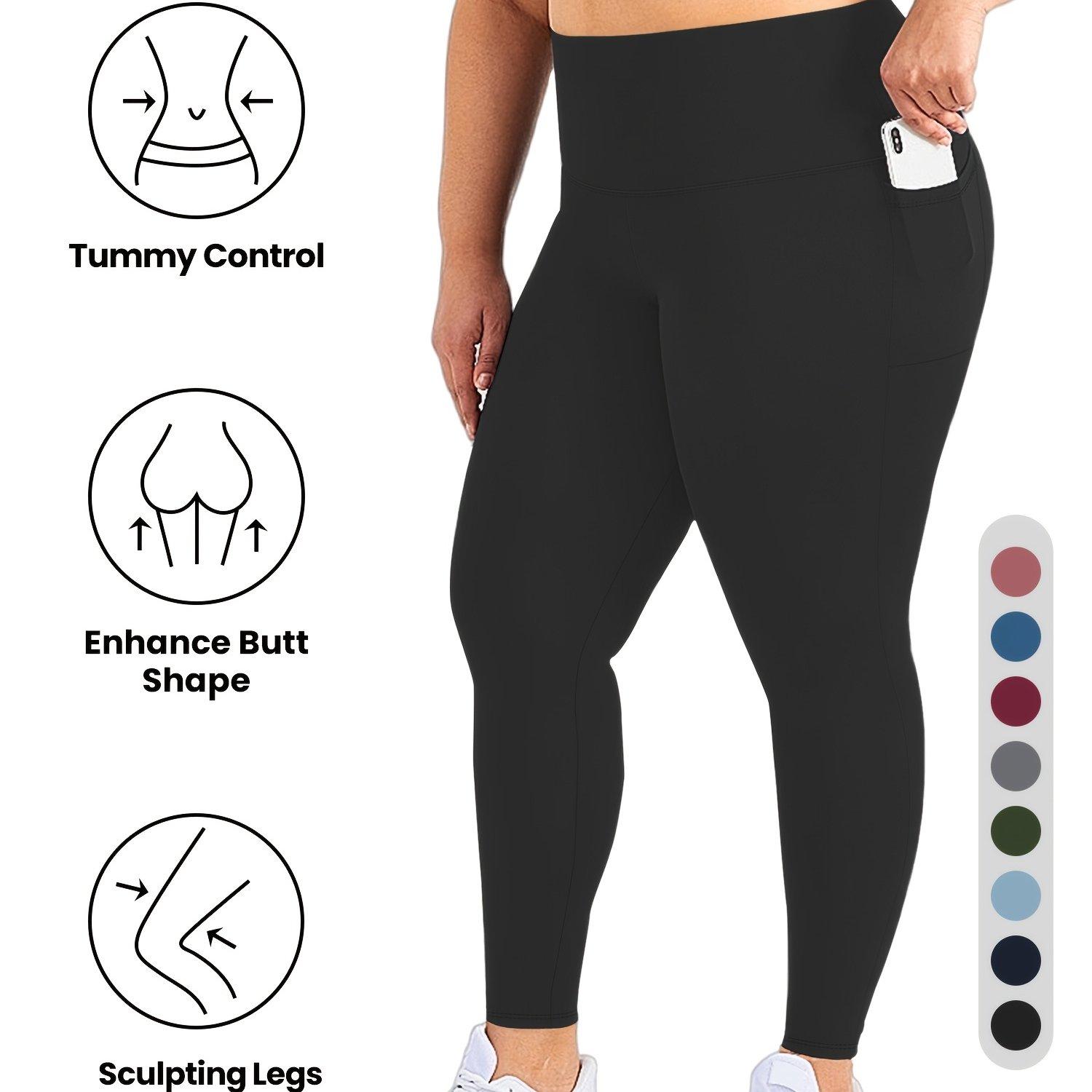 TEMU Plus Size - Plus Size - High-waisted 9-point Leggings With Side Pockets, Plus-size Women's Leggings Suitable For Everyday Wear