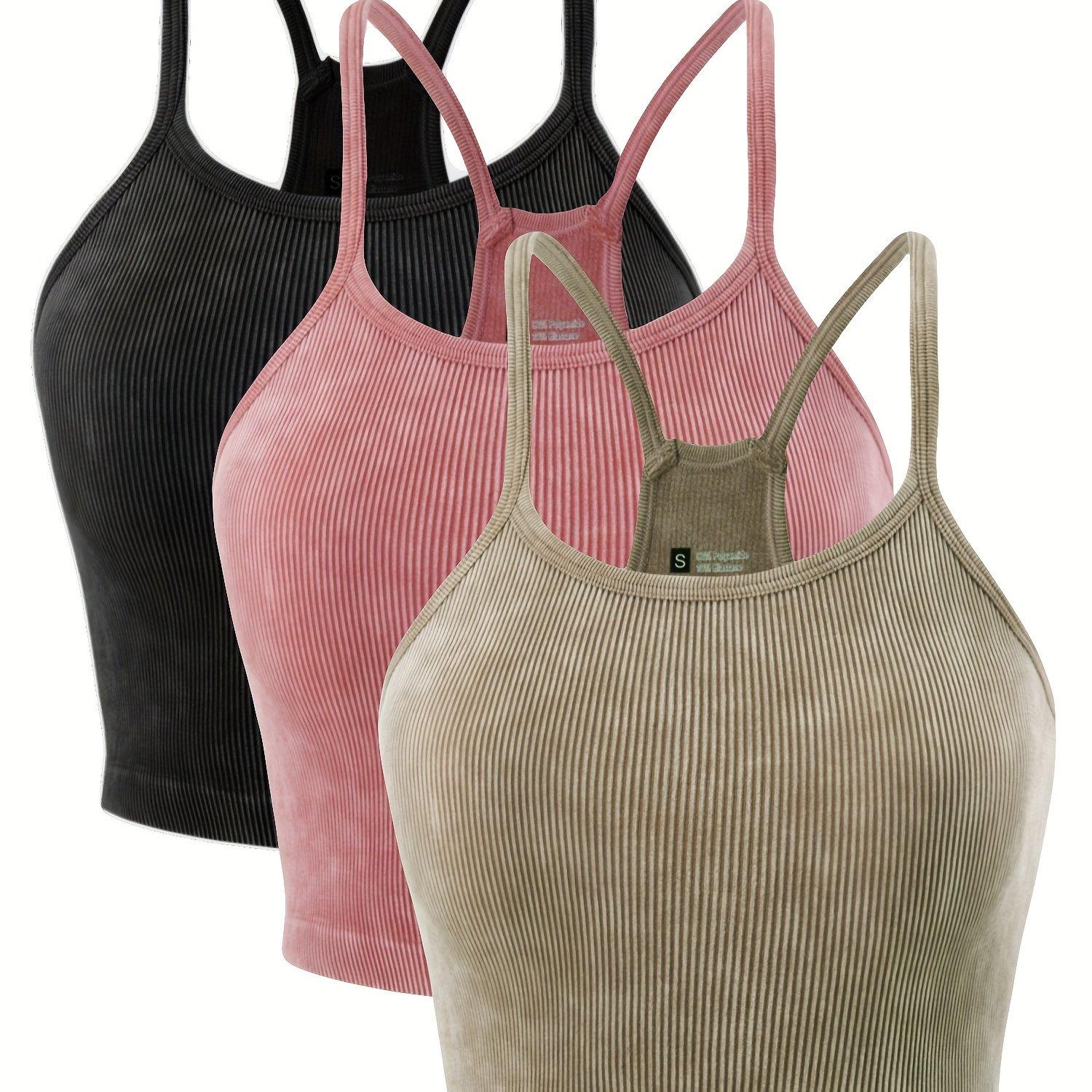 TEMU Fly Stride 3pcs Camiseta de Tirantes Sin Costuras con de Espalda de Nadador, Top Corto Básico de Elasticidad, Tops Casuales para Mujer