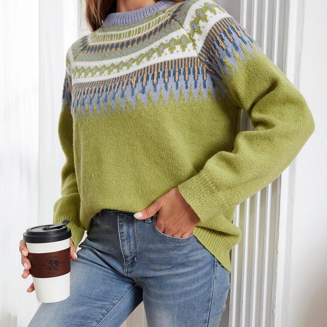 TEMU Green Jacquard Craft Printed Casual Loose Pullover Sweater