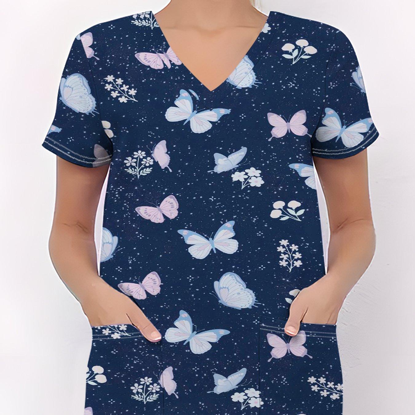 TEMU Camiseta de Mujer, Uniforme de Enfermera, Estampado de Mariposas y Flores en Fondo Azul , Uniforme de Enfermera , Cuello en V y Lindo, Manga Corta, Top de Moda para Mujer, Moda para Todas