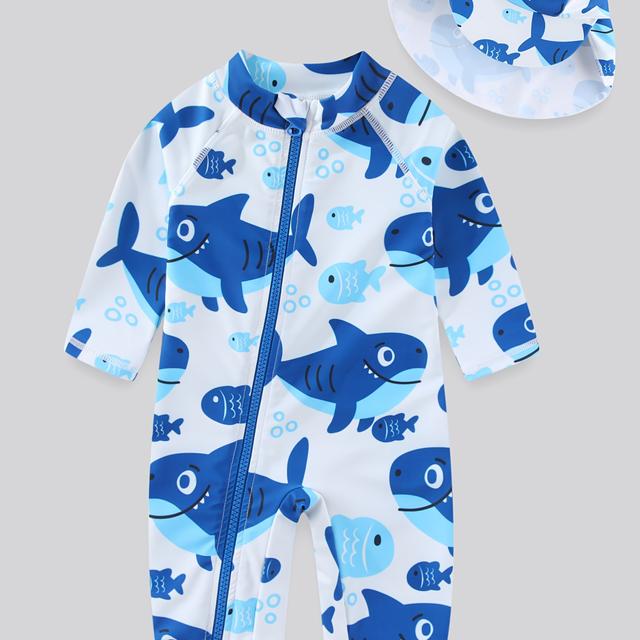 TEMU Jungen Badeanzug mit Hai-Print und Sonnenhut für Babys, mit durchgehendem Reißverschluss