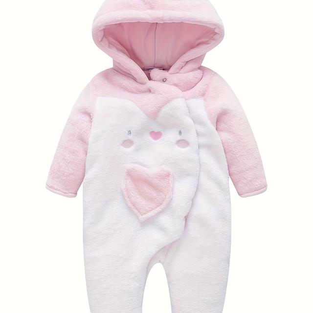 TEMU Girls' Cute Long-sleeve Hooded Plush Winter Footed Bodysuit, Perfect For Outdoor