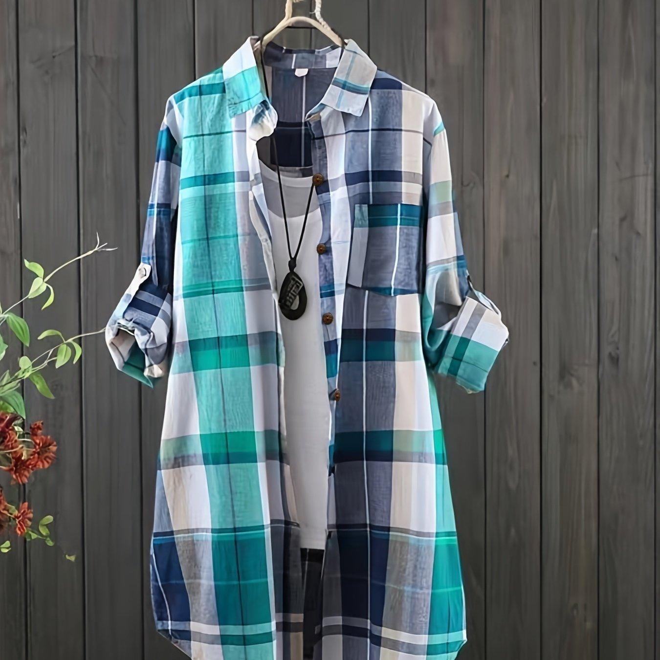TEMU Plus Size - Plus Size - Plus Size Mid-length Checkered Print Women's New Style Blouse, Casual Korean Fashion Long Sleeve Single-button Shirt