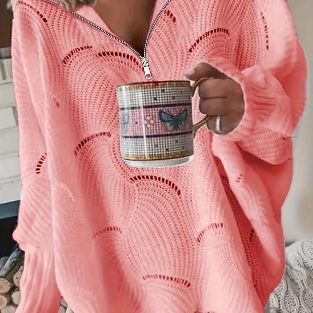 TEMU Plus Size - Plus Size - Women's Plus Size Solid Color Hollow-out Zip Collar Pullover Sweater